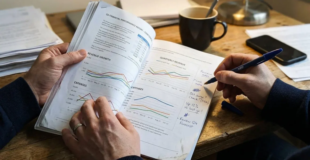Gros plan sur des mains feuilletant un rapport financier avec des graphiques, un stylo posé sur la page et des annotations dans la marge