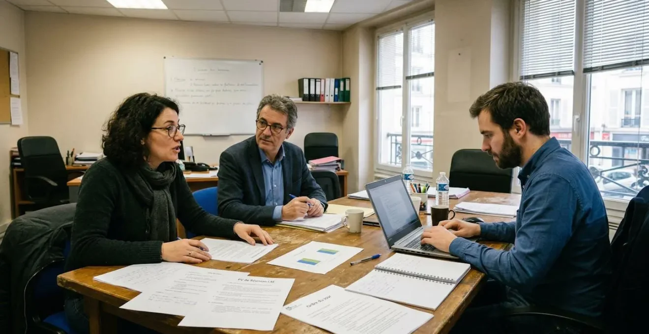 Trois personnes assises autour d'une table de réunion consultent des documents et des graphiques imprimés dans une salle de comité d'entreprise