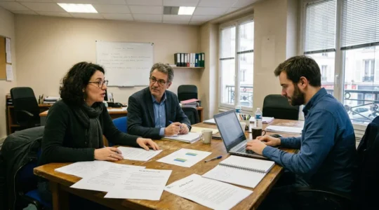 Trois personnes assises autour d'une table de réunion consultent des documents et des graphiques imprimés dans une salle de comité d'entreprise