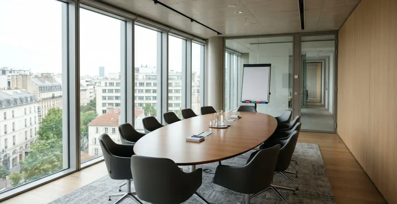 Salle de réunion vide d'une entreprise française avec table ovale, chaises et paperboard, éclairée par la lumière naturelle des baies vitrées