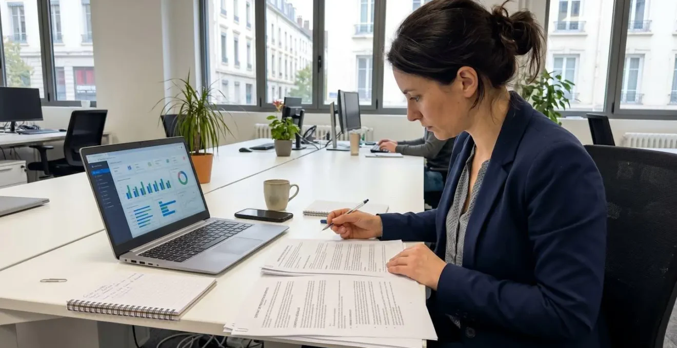Une femme professionnelle concentrée consulte des documents contractuels sur son bureau dans un espace de travail moderne et lumineux