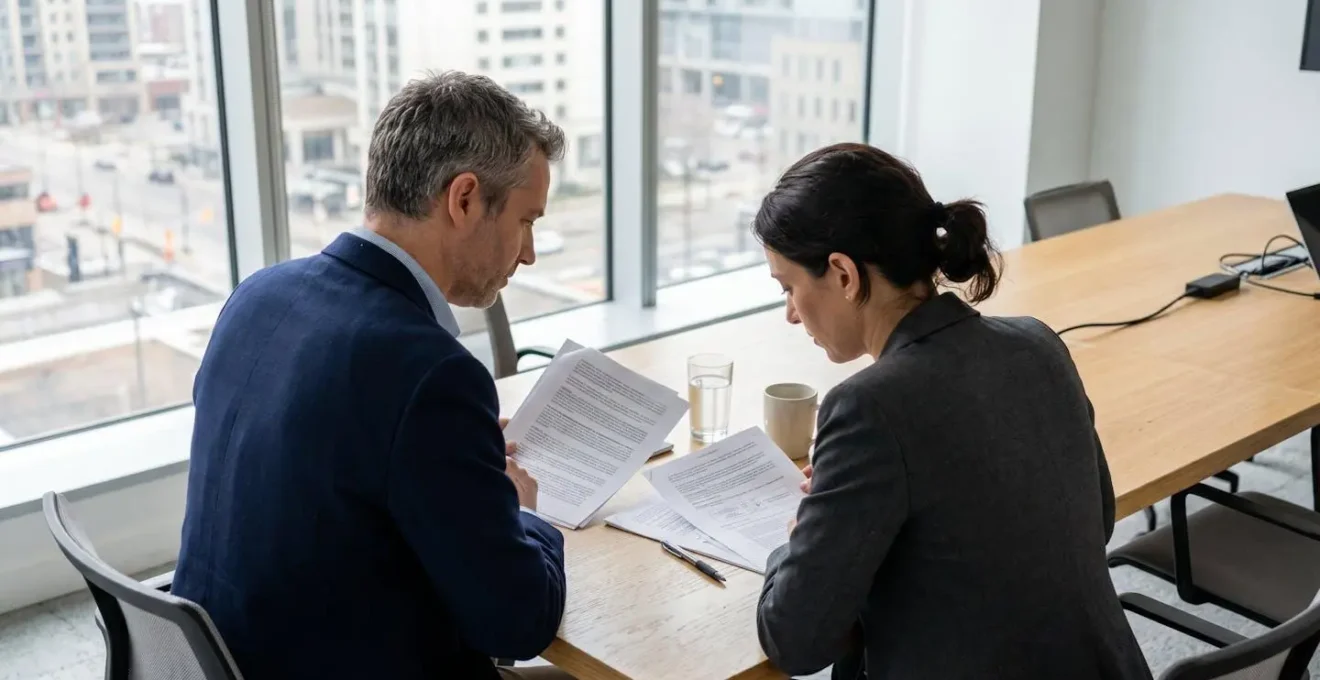 Deux professionnels assis face à face dans un bureau lumineux lors de la signature d'un contrat de travail, documents posés sur la table