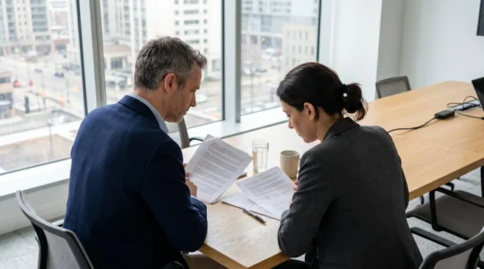 Deux professionnels assis face à face dans un bureau lumineux lors de la signature d'un contrat de travail, documents posés sur la table